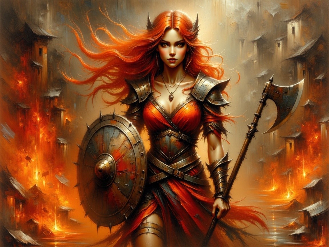 Fierce Warrior Woman in Fiery Battle Landscape