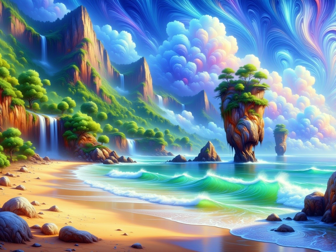 Vibrant Coastal Scene with Waterfalls and Lush Cliffs