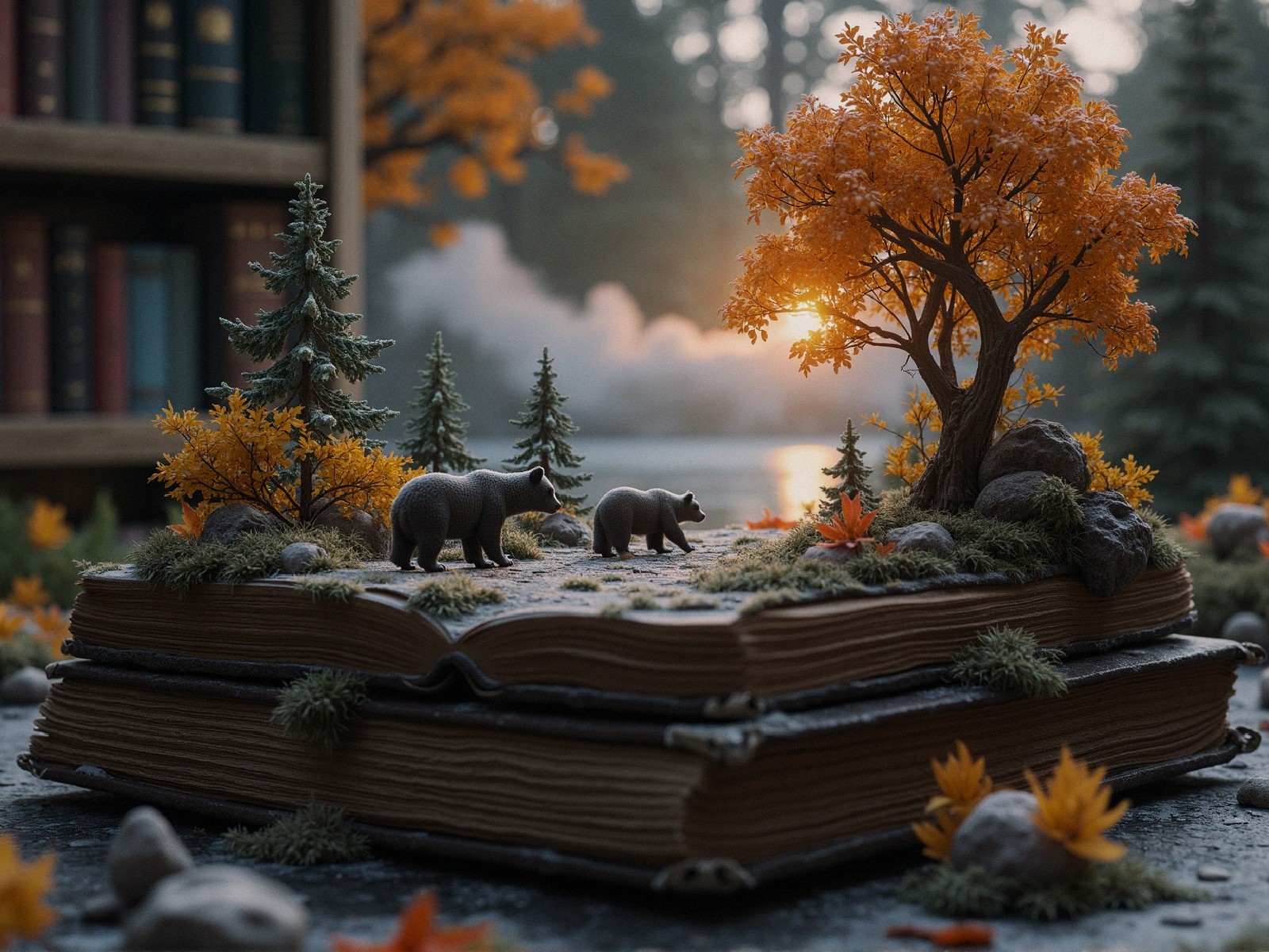 Whimsical Bears on an Open Book with Autumn Landscape
