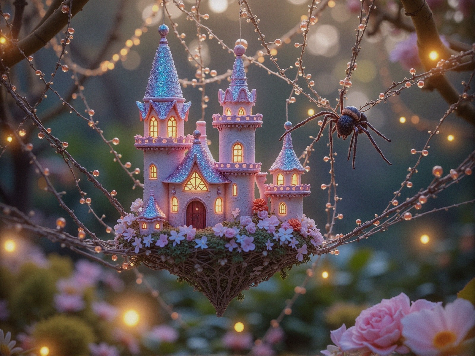 Miniature Castle on Twigs Nest Surrounded by Flowers