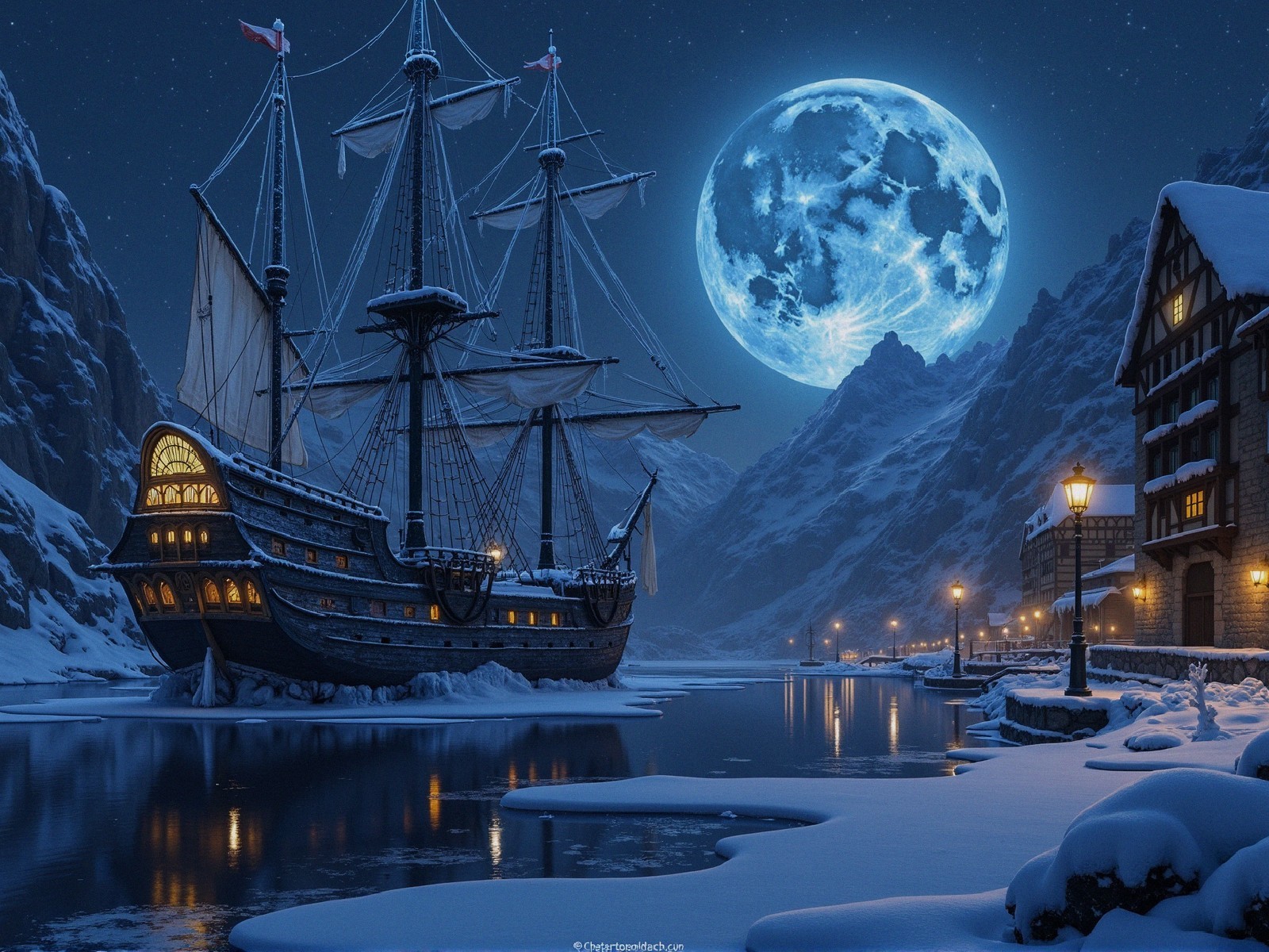 Majestic ship in snowy harbor under full moon