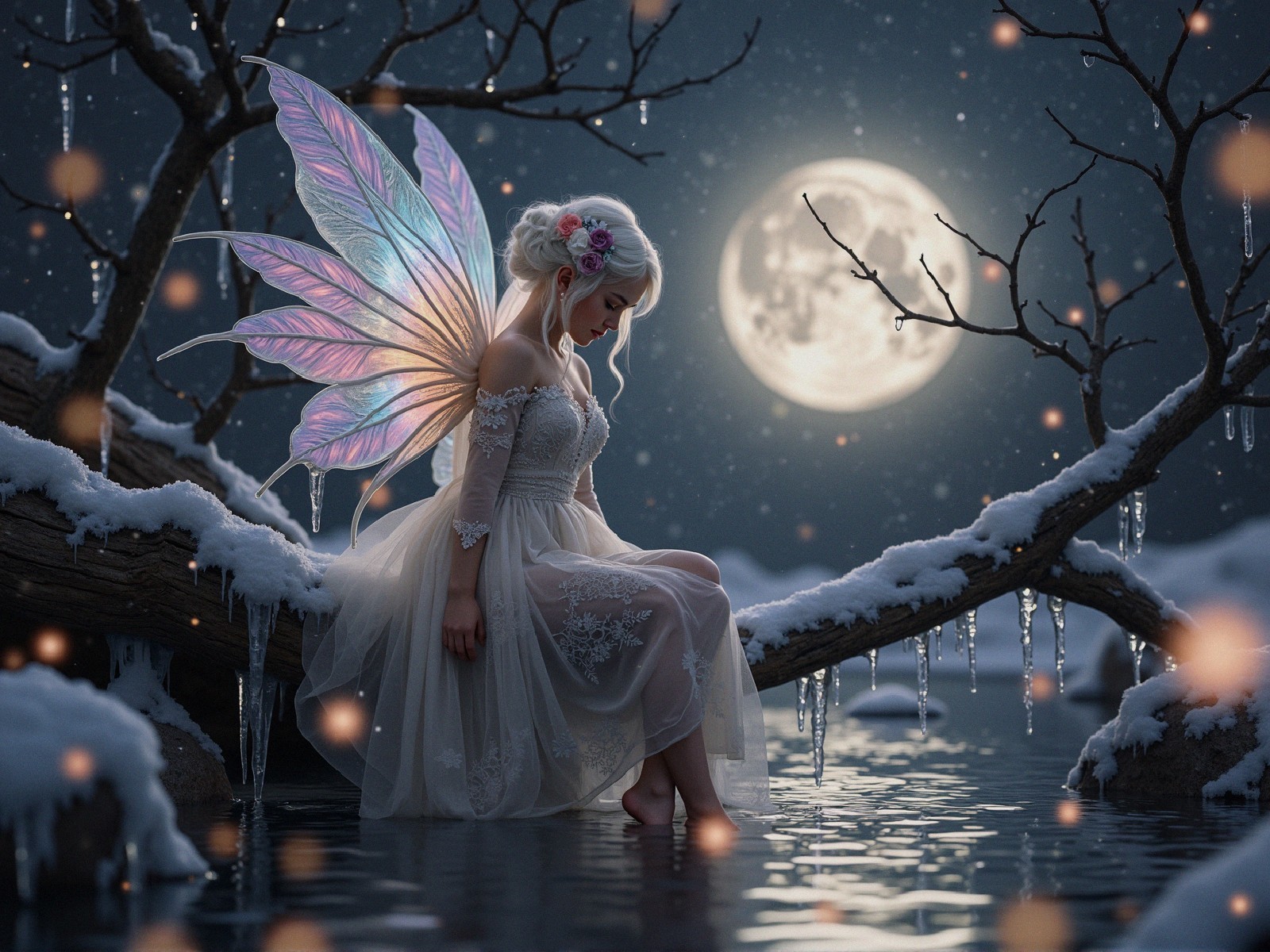 Blonde Fairy with Wings on Snowy Branch at Night