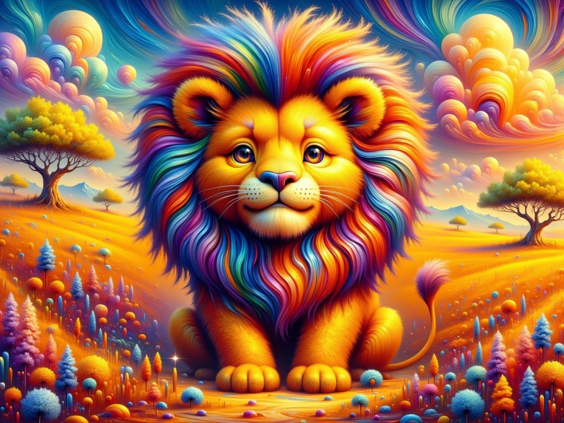 Vibrant Lion in a Colorful Surreal Landscape