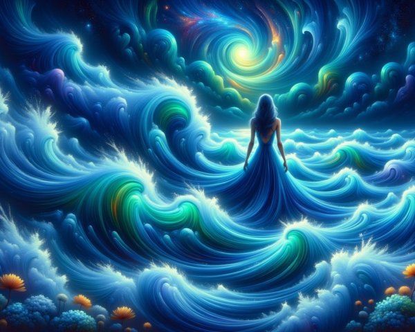 Celestial Scene with Figure and Vibrant Ocean Waves