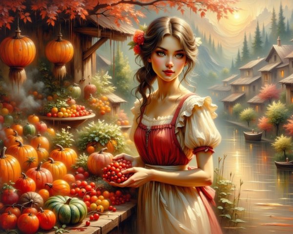 Autumn Scene with Vintage Dress and Harvest Elements