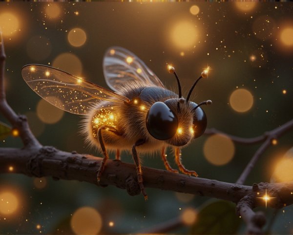 Close-Up of a Bee on a Twig with Golden Glow