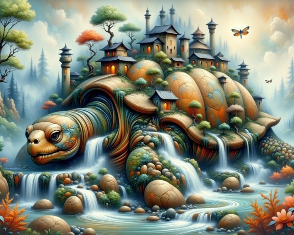 Majestic Turtle with Colorful Shell and Tiny Buildings