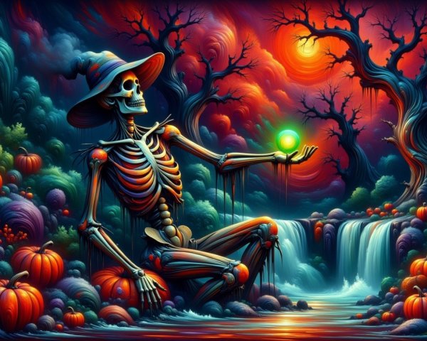 Skeleton by Waterfall with Pumpkins and Sunset