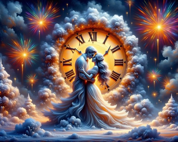 Couple Embraces in Snowy Landscape at Midnight