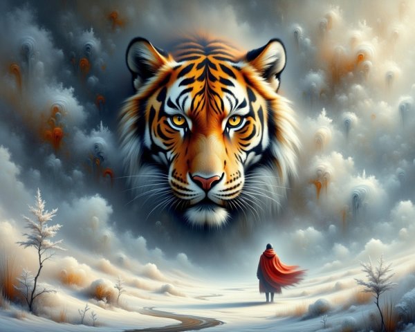 Majestic Tiger Over Serene Snowy Landscape Scene