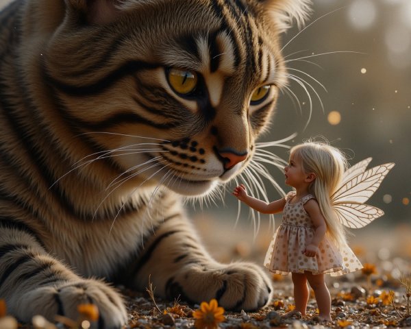 Fairy-like Girl and Colossal Tiger in Vibrant Flowers