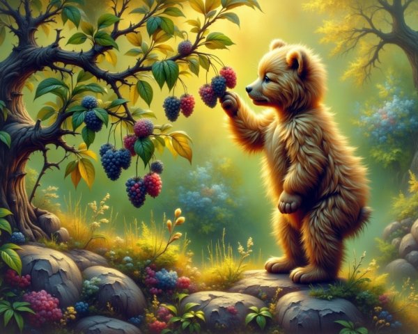 Golden bear cub reaching for berries in sunlit forest
