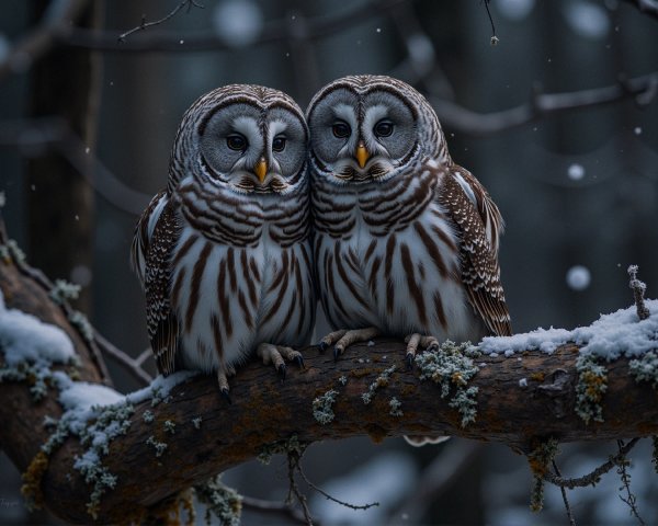 Owls on a snow-dusted branch in twilight forest