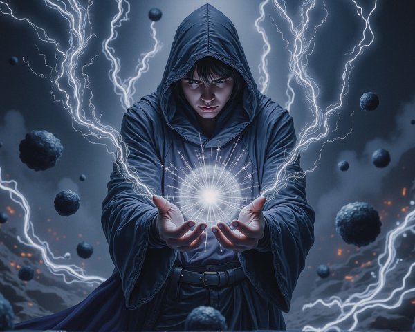 Cloaked Figure Harnessing Energy Amidst Dark Clouds