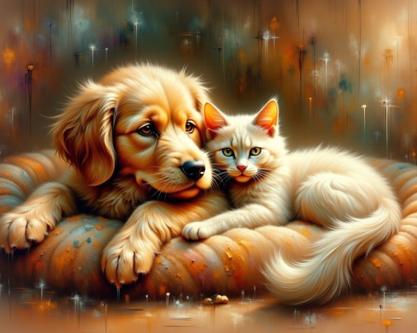 Golden Retriever Puppy and Fluffy Kitten on Cushion