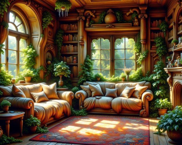 Cozy Room with Wooden Details and Abundant Greenery