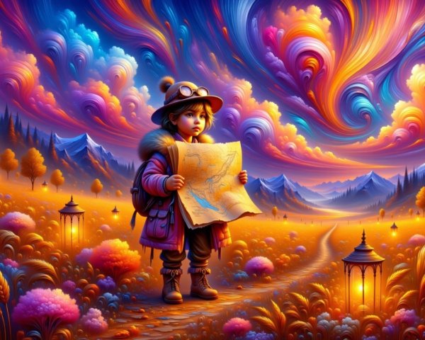 Child Exploring a Surreal Landscape with Lanterns