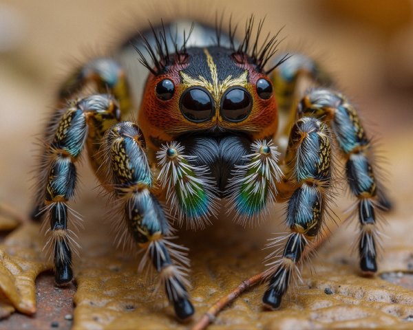 Close-up of Colorful Jumping Spider on Brown Surface