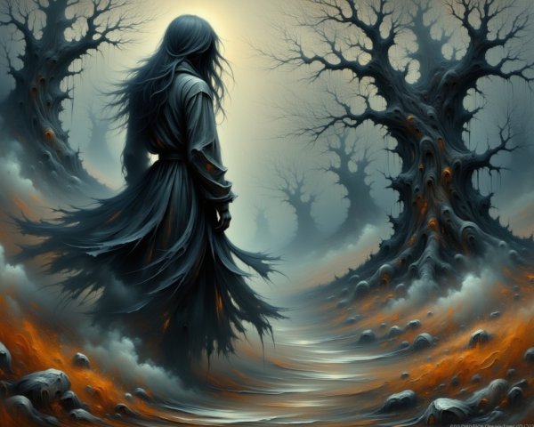 Ethereal Figure in Misty Forest with Gnarled Trees