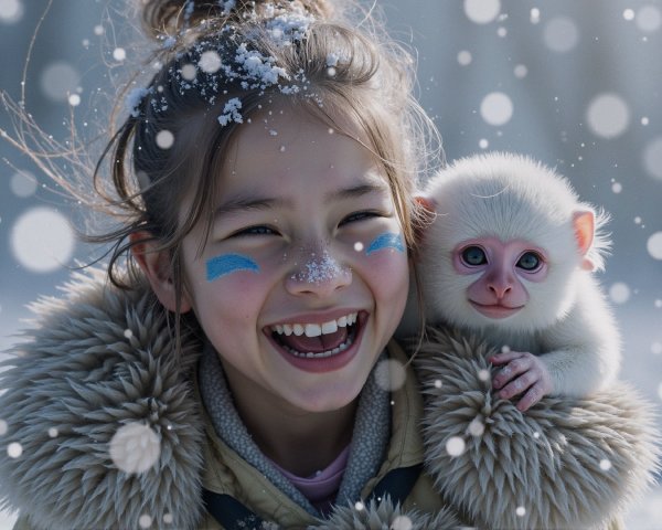 Close-up of Laughing Girl with Baby Monkey in Snow