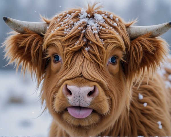 Highland Cow in Snowy Landscape with Blue Eyes