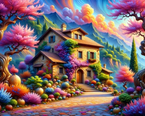 Whimsical Cottage Surrounded by Colorful Gardens and Mountains