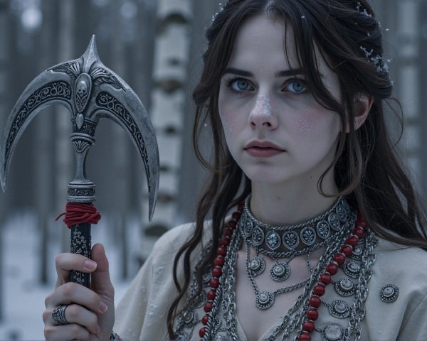 Close-up of Young Woman with Axe in Winter Forest