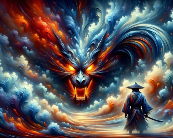Lone Figure with Dragon in Vibrant Cloud Scene