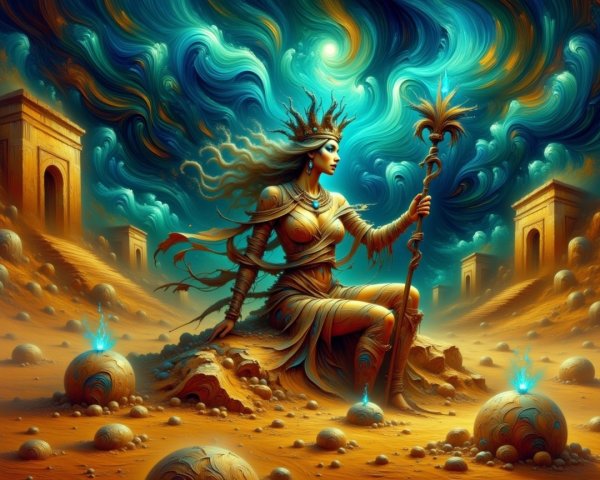 Majestic Figure in Desert Landscape with Ethereal Orbs