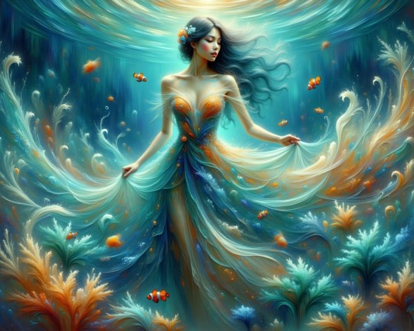Underwater Scene with Graceful Figure and Corals
