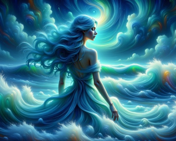 Serene figure with blue hair in a magical seascape