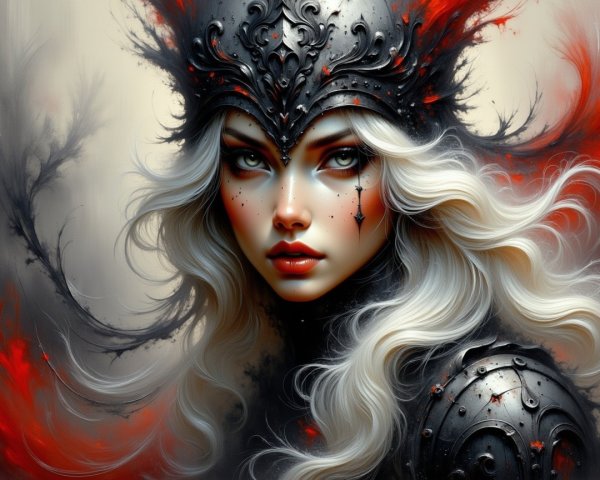 Female warrior in dark armor with red accents
