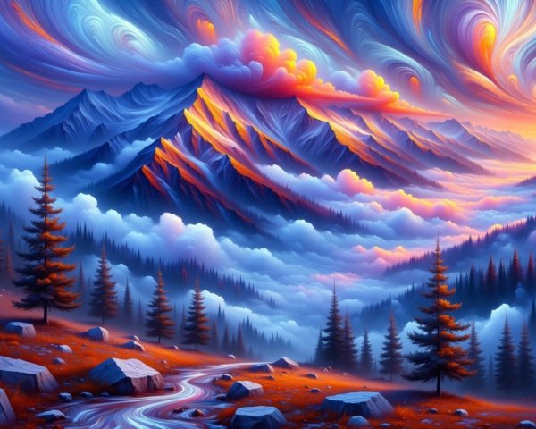 Vibrant Sunset Landscape with Mountains and River