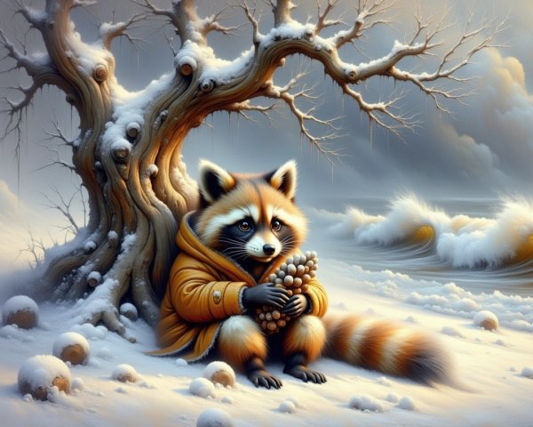Raccoon in Orange Coat in Winter Landscape with Snow