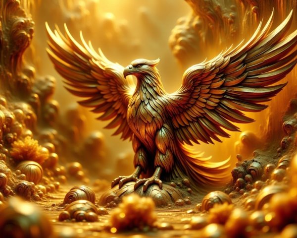 Golden Phoenix in an Ethereal Landscape Setting