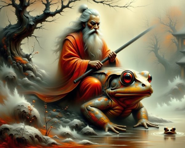 Ancient Sage on Whimsical Frog in Misty Landscape
