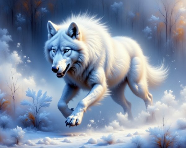White Wolf Leaping in Snowy Wilderness Landscape