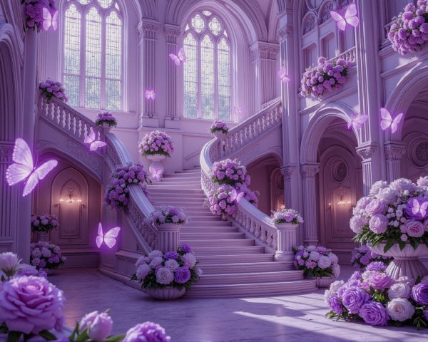 Magical Castle Entryway with Purple Lighting and Butterflies