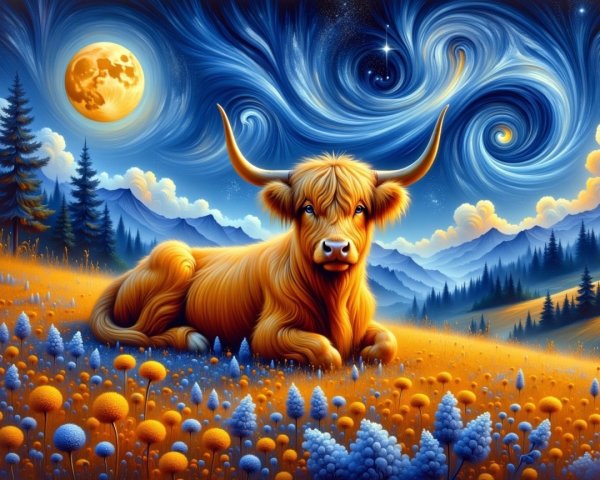 Surreal Landscape with Highland Cow and Wildflowers