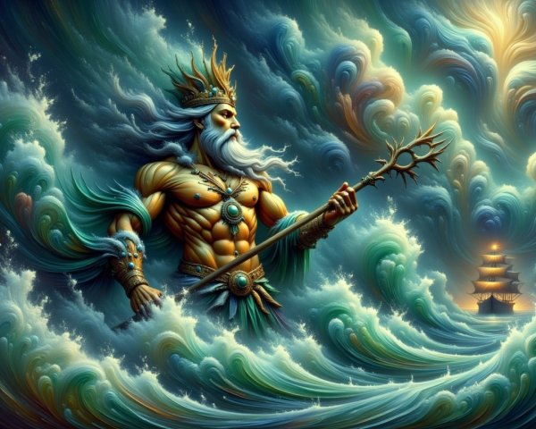 Deity Amidst Turbulent Ocean Waves and Dramatic Sky