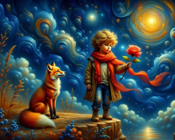 Young boy with rose and fox on colorful cliff