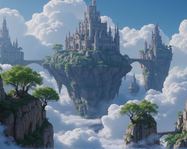 Majestic Floating Castle Among Fluffy Clouds and Peaks