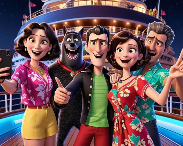 Selfie of a vibrant group on a cruise ship deck at night