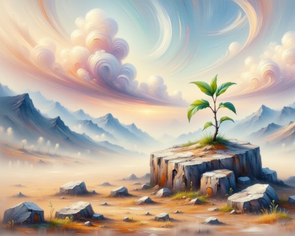 Green Sprout on Weathered Stump in Serene Landscape