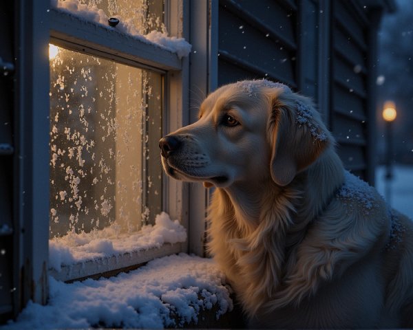 Golden Retriever by Snowy Window in Winter Scene