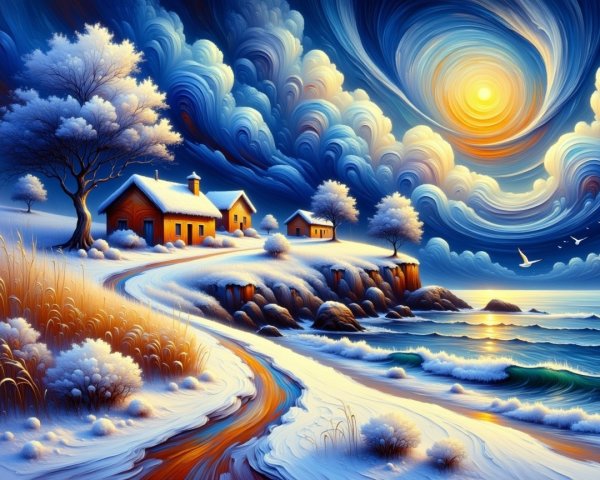 Winter Landscape with Cozy Houses by the Sea