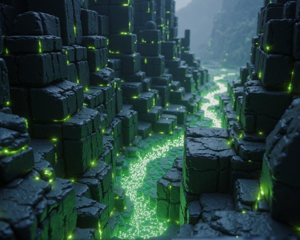 Otherworldly canyon with glowing green river and mist