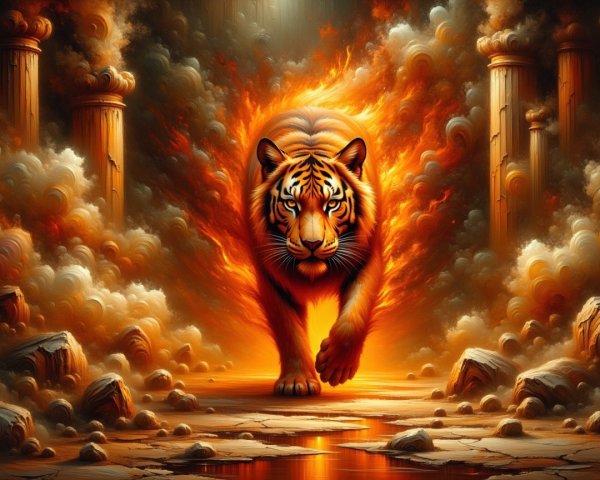 Tiger in a Fiery Landscape with Ancient Columns