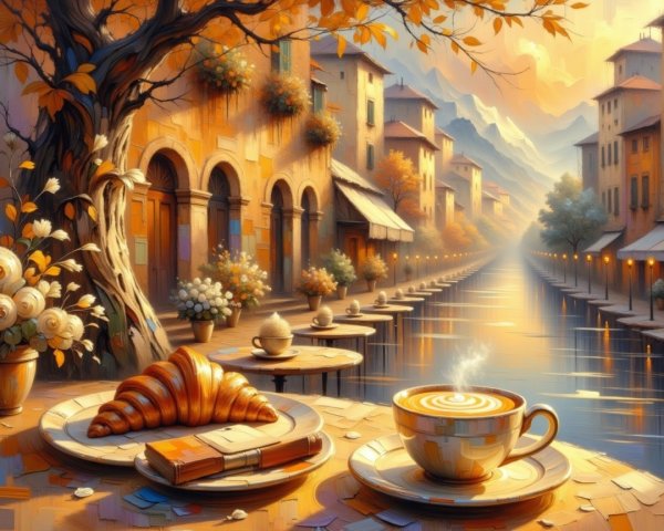 Serene Riverside Scene with Coffee and Autumn Foliage