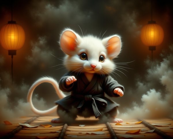 Small white mouse in martial arts uniform with lanterns